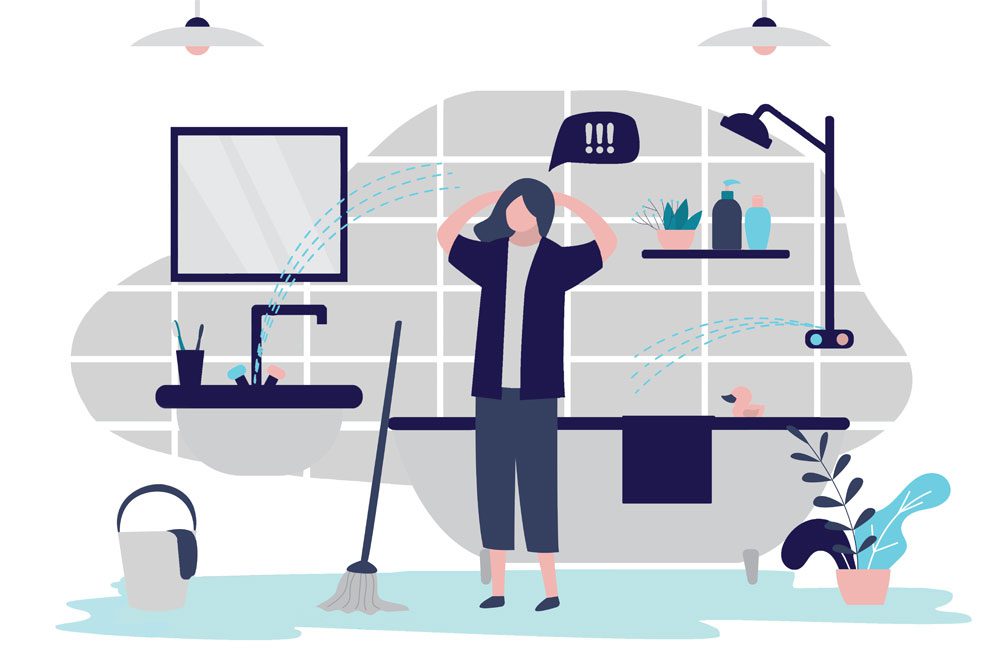 Gilbert-Blog-What-Type-of-Water-Damage-Does-Home-Insurance-Cover-Updated Digital art image of a frustrated woman dealing with water damage